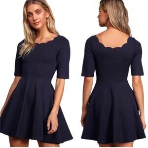 LULUS Tip The Scallops Dress, Dark Blue Rayon Half Sleeve Scalloped Neckline, S